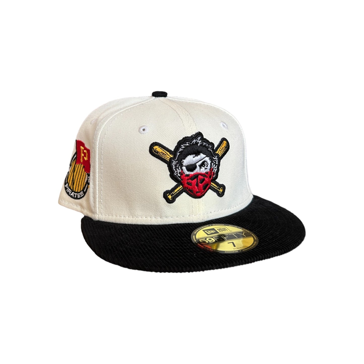 PITTSBURGH PIRATES CORDUROY "RED BANNED MASK" FLAG PATCH NEW ERA 59FIFTY HAT